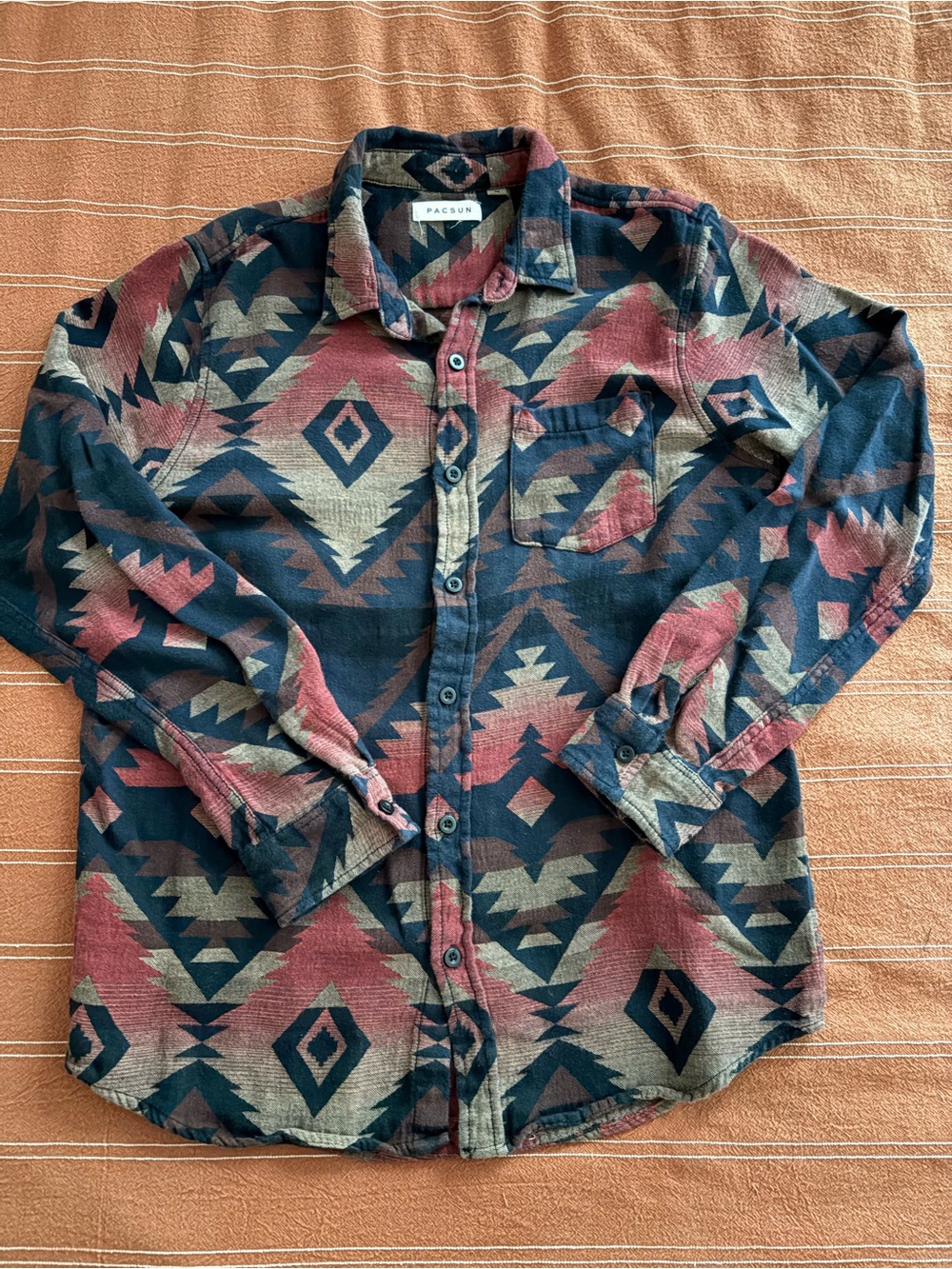 PacSun Men's Aztec Button-Up Shirt - Navy, Rust & Tan